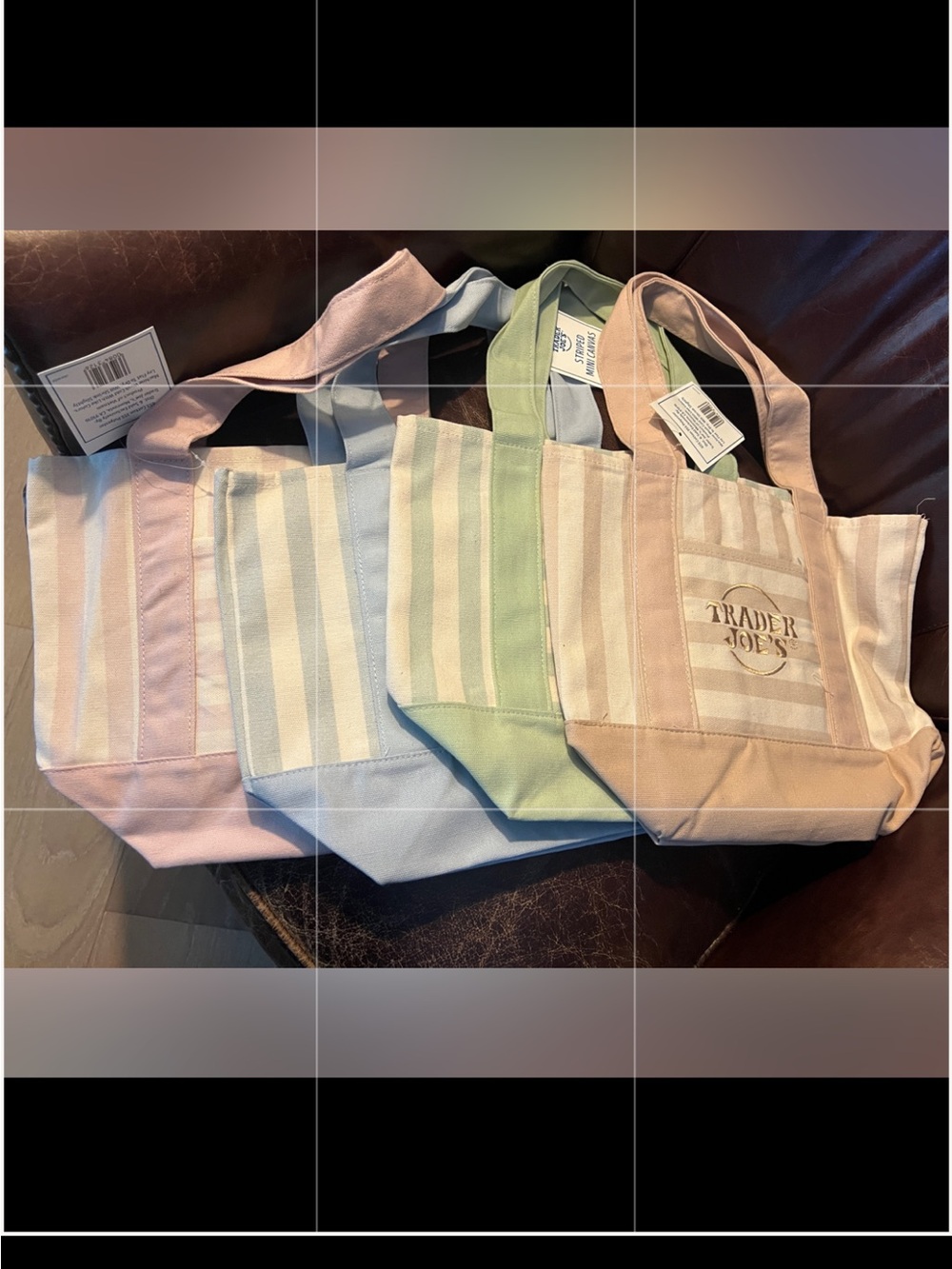 Traders joes pastel stripe totes 2 Pink , 1 blue , 1 green .